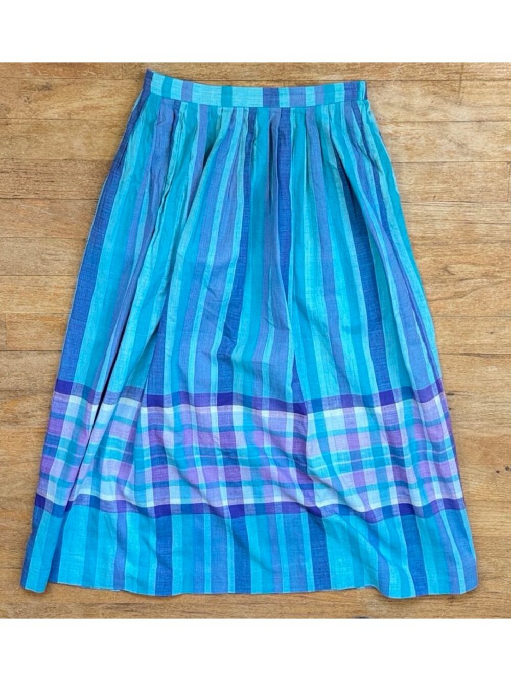 Vintage Striped Plaid Cotton Skirt Size XS 25-26" Waist Blue/Purple 80s Pockets